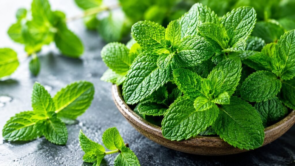 Mint plant growing in small balcony pot