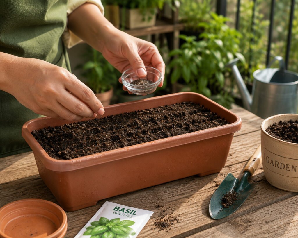 Planting basil seeds in pot at home
