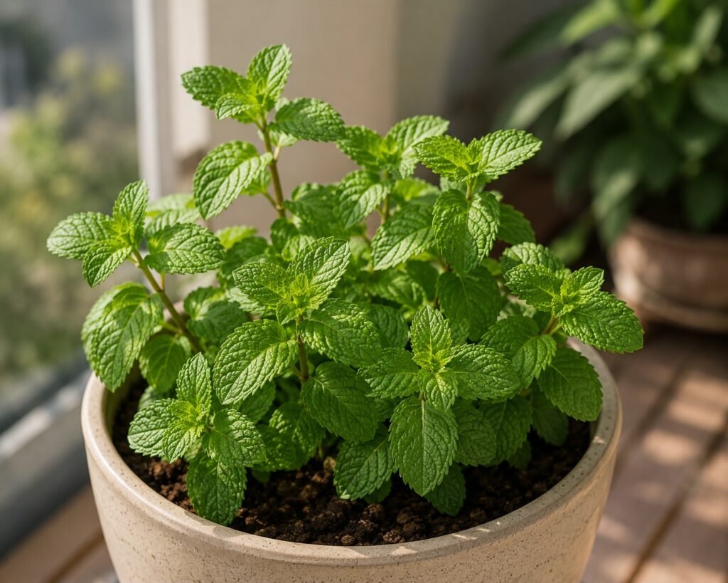 Mint plant kept in indirect sunlight on balcony