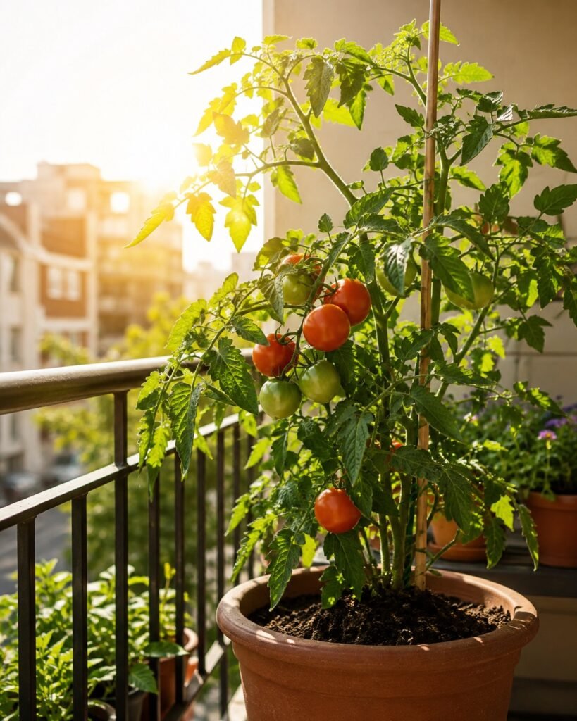 Tomato plant getting sunlight on balcony