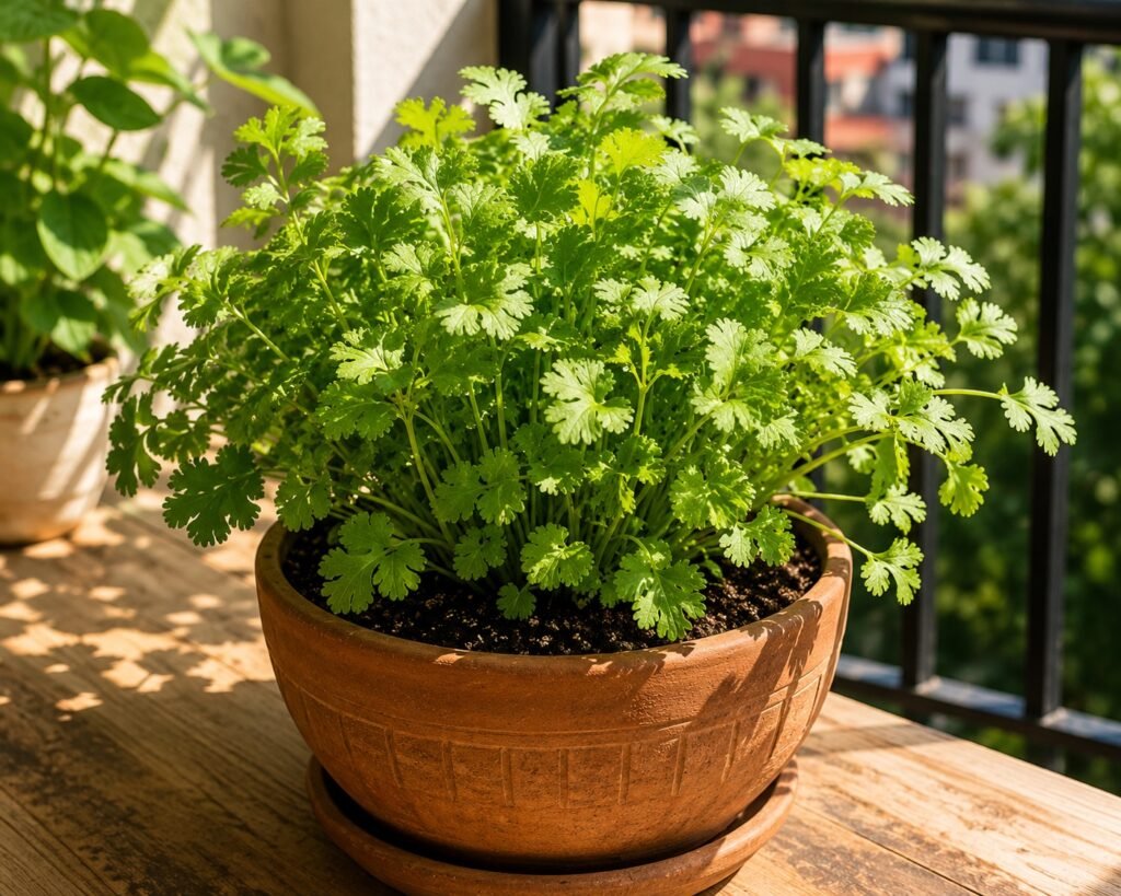 Coriander plant getting sunlight on balcony