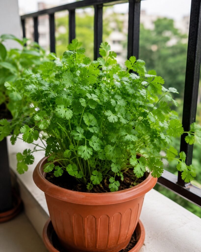 Coriander plant growing in a pot on balcony