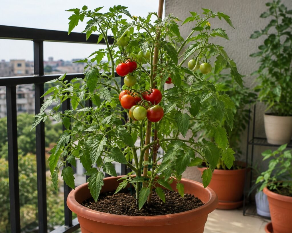 Tomato plant growing in pot on balcony