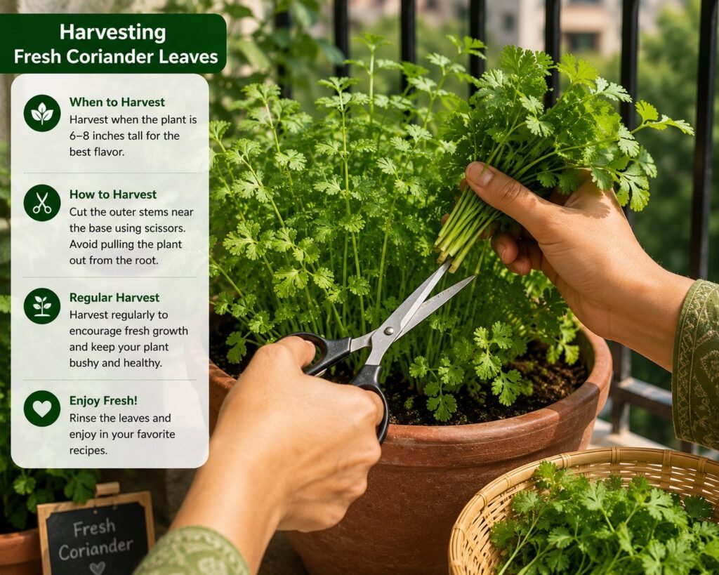 Fresh coriander leaves harvested from balcony pot