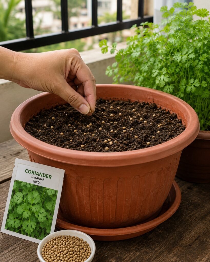 Planting coriander seeds in pot at home