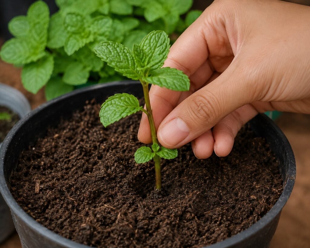 Planting mint cutting in pot at home