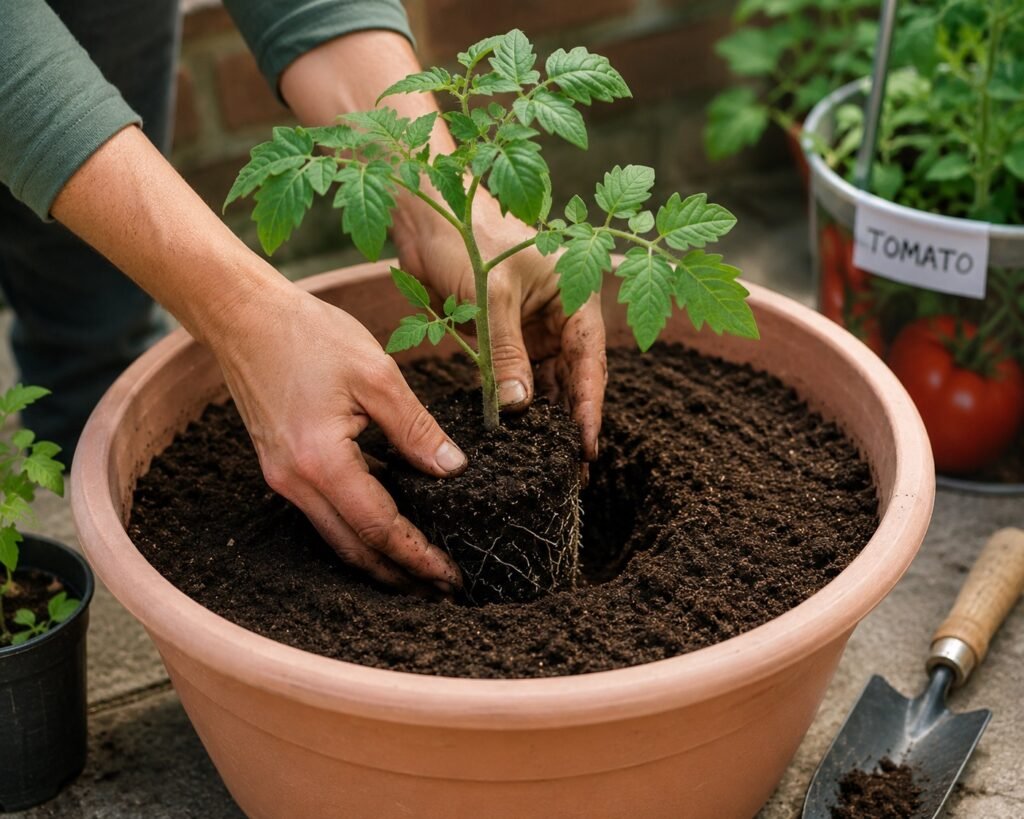 Planting tomato seedling in pot at home