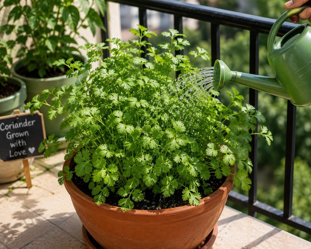 Watering coriander plant in pot