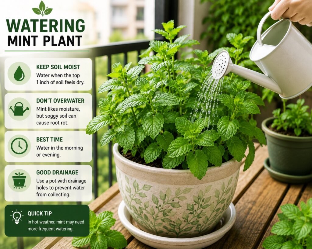 Watering mint plant in balcony pot