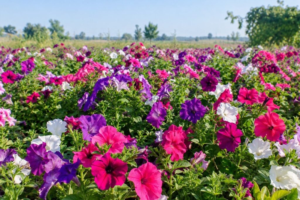 Colorful pink, purple, and white petunias growing in a field