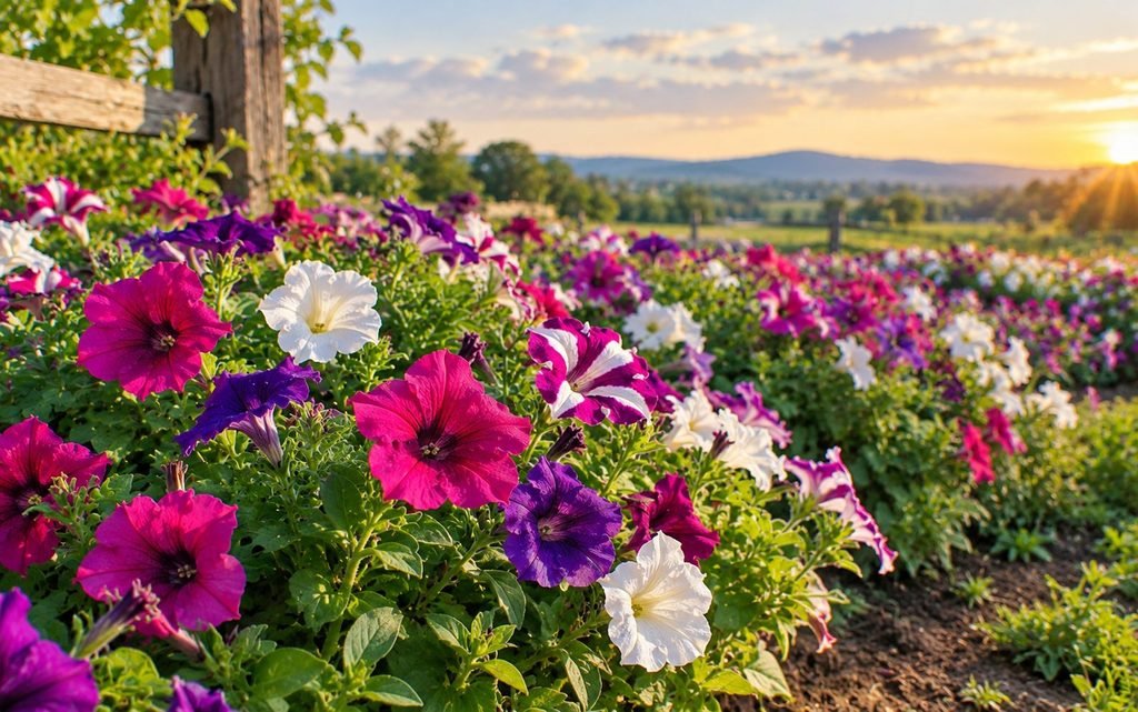 Natural Fertilizer for Petunias. Colorful pink, purple, and white petunias growing in a field at sunset